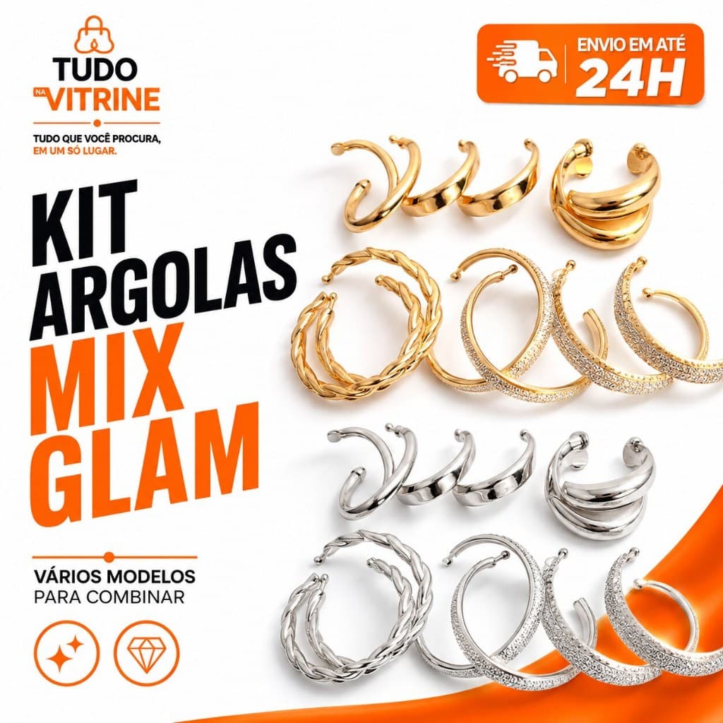 Kit 6 Pares de Argolas Femininas Mix Glam Dourado ou Prateado