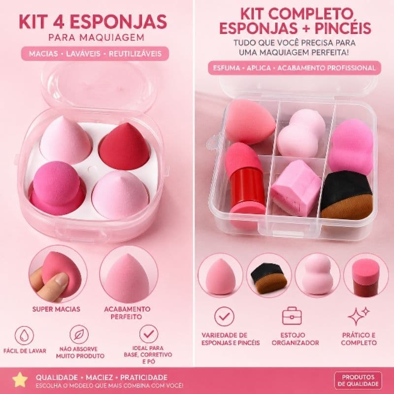 Kit Esponjas de Maquiagem Beauty Blender com Estojo - 4 Esponjas ou Esponjas + Pincéis