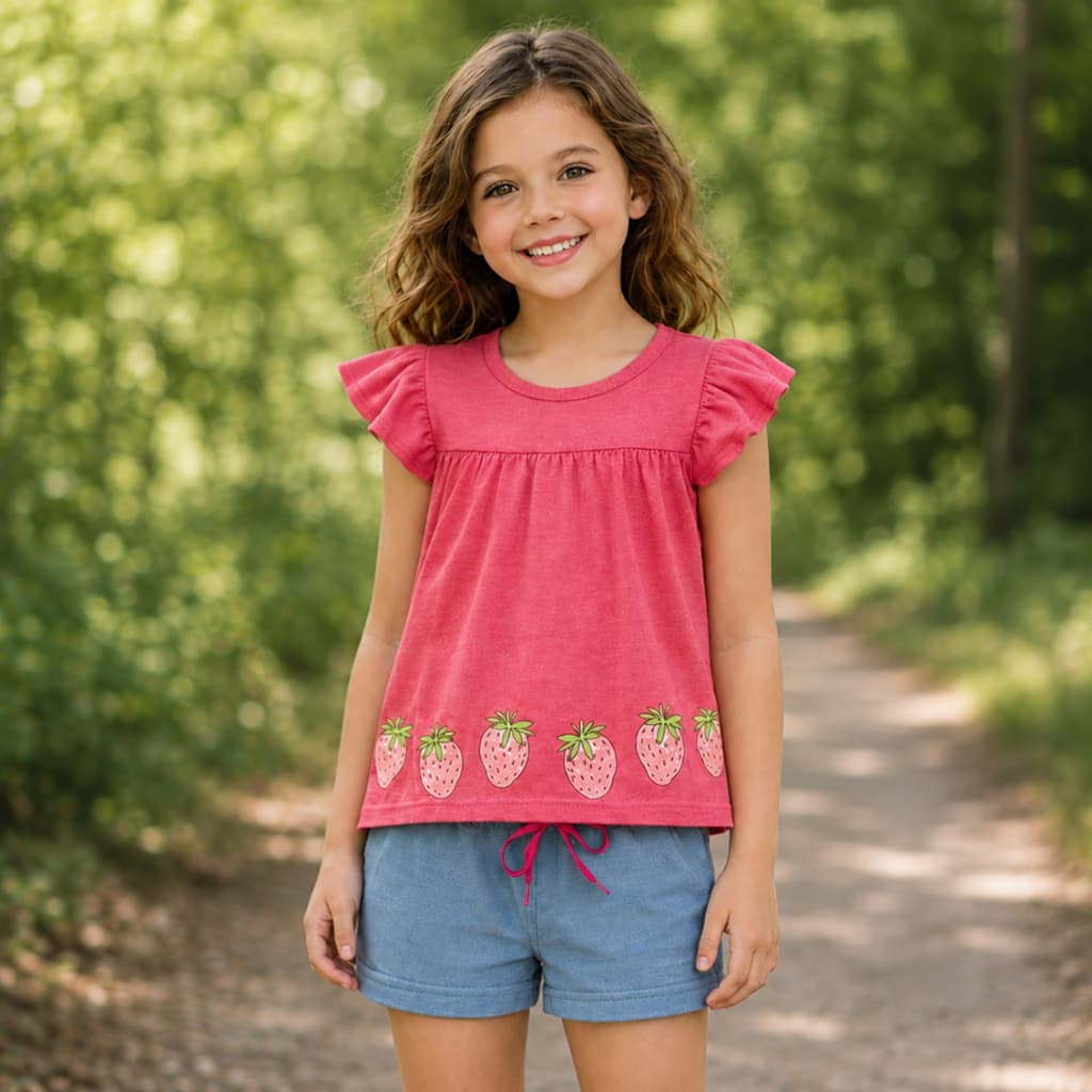 Conjunto Infantil Blusa Meia Malha com Estampa de Morangos e Shorts Moletinho Verão Menina