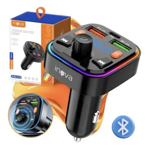 Carregador Veicular Rápido Turbo Com Transmissor Bluetooth Fm Com 2 Entradas Usb