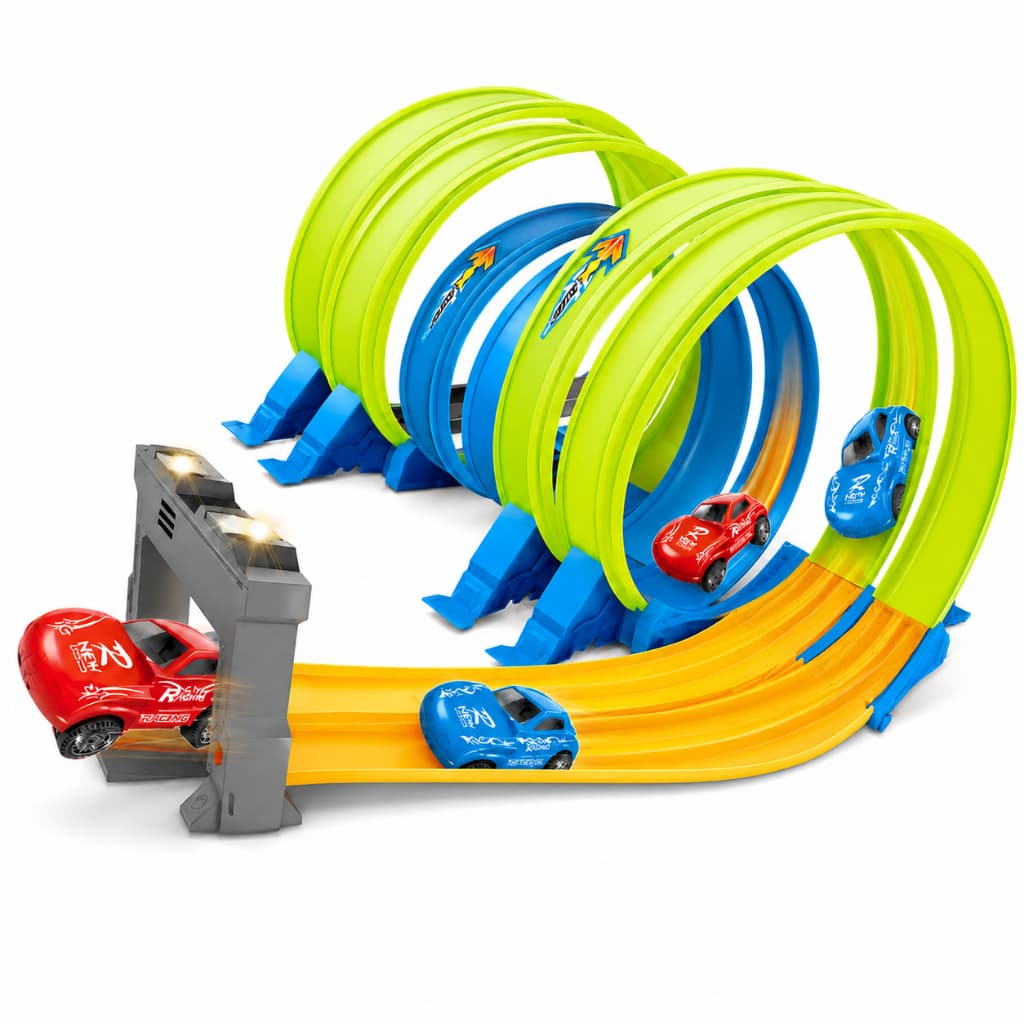 Pista de Corrida Infantil 130cm com 4 Loopings e 2 Carrinhos Lançador Manual 1692