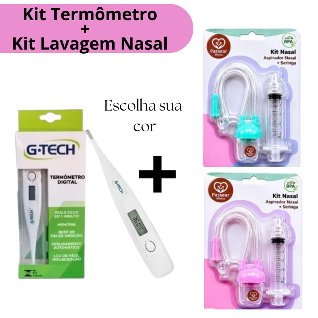 Kit Termômetro G-Tech + Kit Lavagem Nasal Aspirador Nasal e Seringa Sugador Catarro Bebê