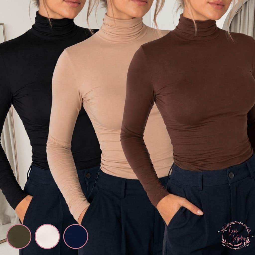 Blusa feminina Cacharrel Segunda Pele Viscolycra Gola Alta Manga Longa