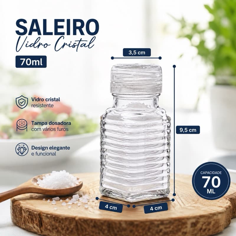 Saleiro Porta Sal De Vidro Cristal 4x9,5cm Saleira Tampa Dosadora 80 ml Design Funcional Cozinha