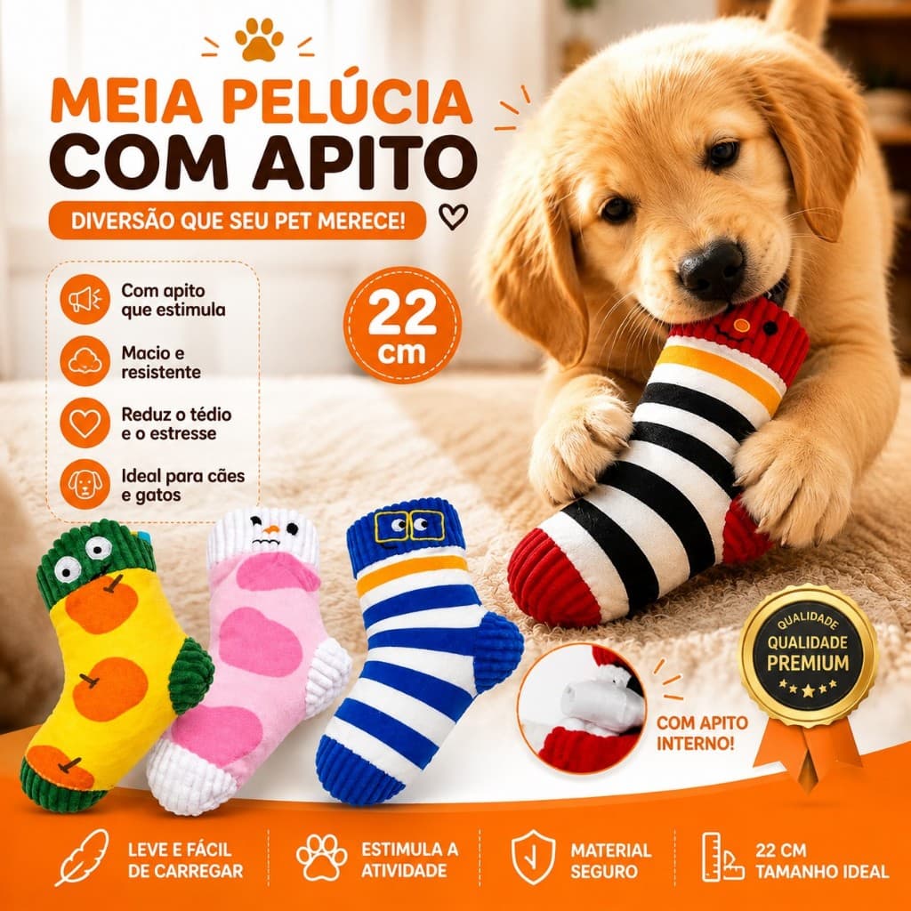 Brinquedo Pet Meia Pelúcia Com Apito 22cm Cães E Gatos Macio - Sortido