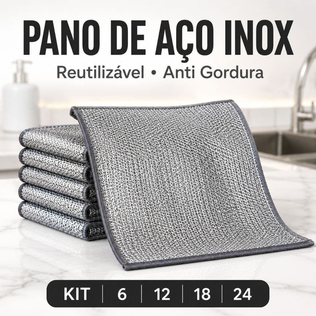 Kit 6 12 18 24 Panos de Aço Inox Anti Gordura Reutilizável para Lavar Louça Panela Fogão Limpeza Pesada