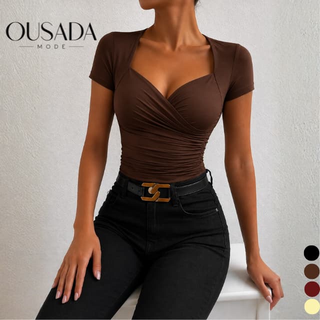 Blusa Feminina Manga Curta Ombro a Ombro Drapeada Casual Elegante Verão Suplex Moda Gringa Decote Reto