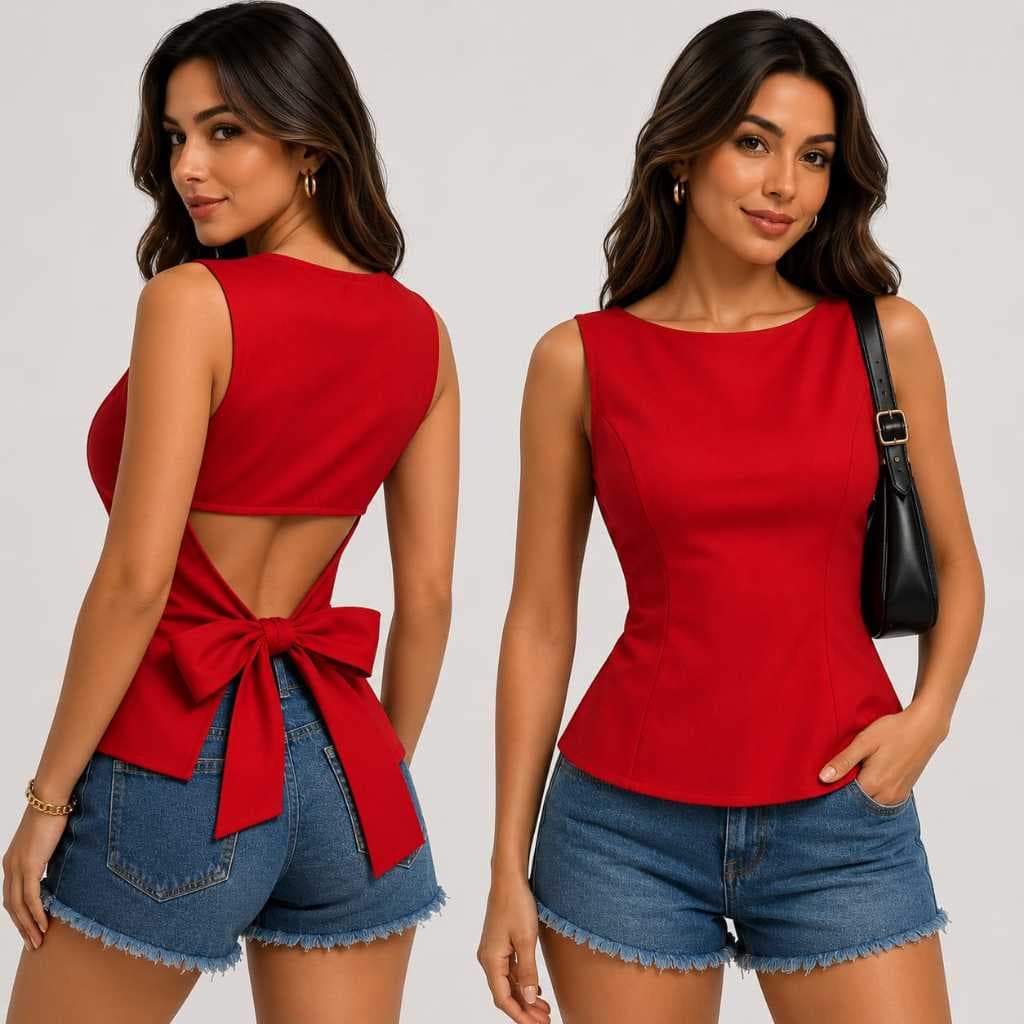 Blusa Feminina Peplum Regata Com Laço Nas Costas Moda Verão Casual, Elegante