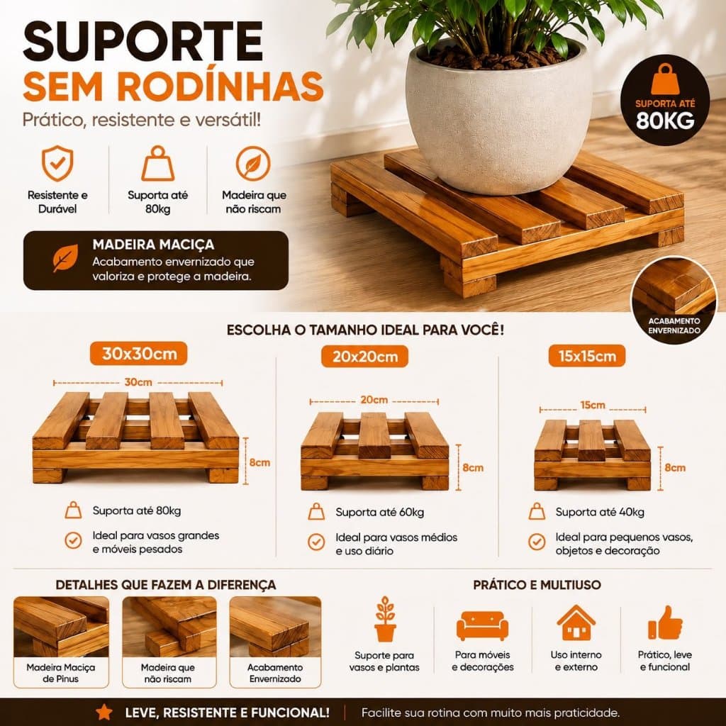 Suporte com Rodinhas em Madeira Maciça para Vasos, Botijão de Gás e Objetos