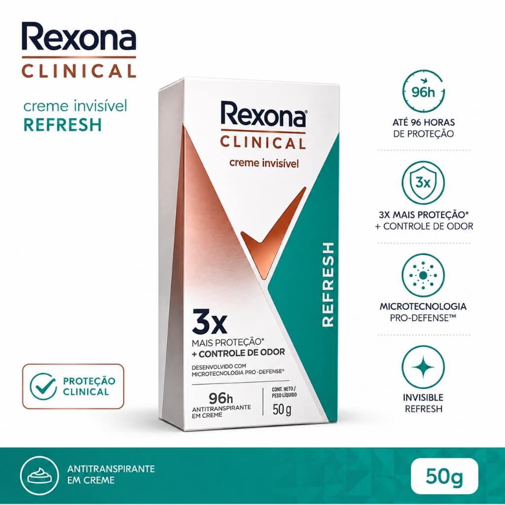 Rexona Clinical Clean Desodorante Antitranspirante Creme Invisível Refresh 58g Proteção 96h Controle de Odor Original