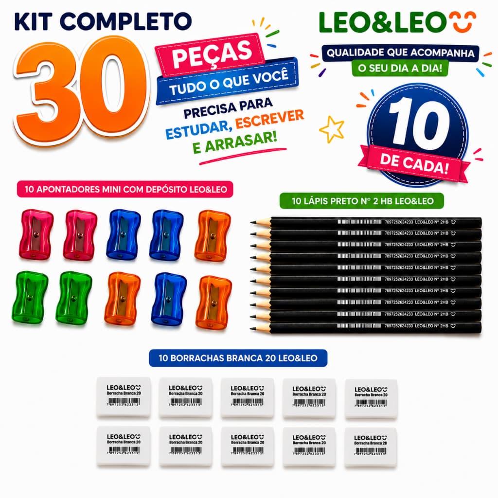 Kit 10 Apontadores Mini Neon 10 lápis Preto nº 2 HB Sextavado e 10 Borrachas Brancas LeoeLeo