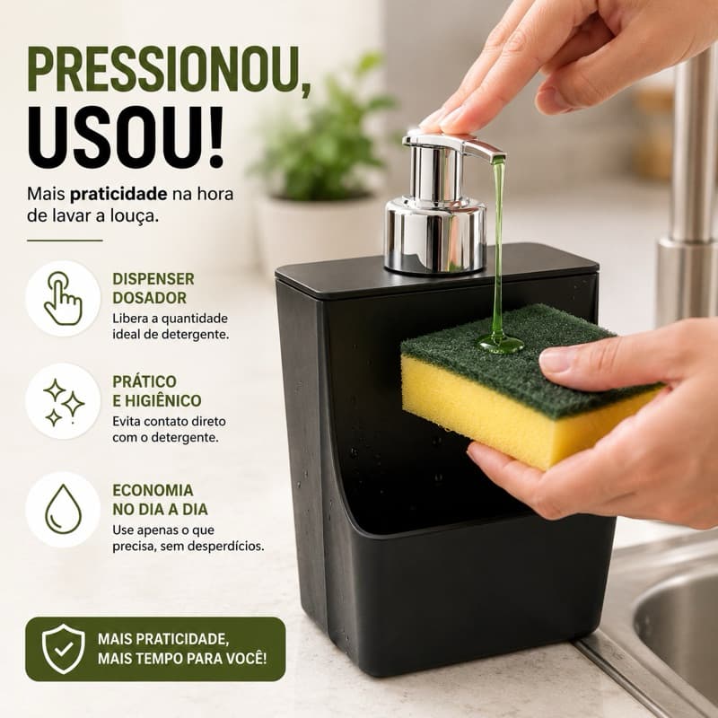 Porta Detergente Xplast 550ml com Dispenser Organizador de Pia Cozinha Preto para Detergente e Esponja Prático Compacto