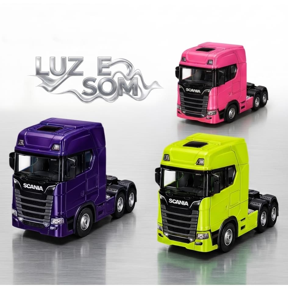 KIT 3 Miniatura Carrinho de Ferro Metal Caminhão Scania Trucado Com Som E Luz