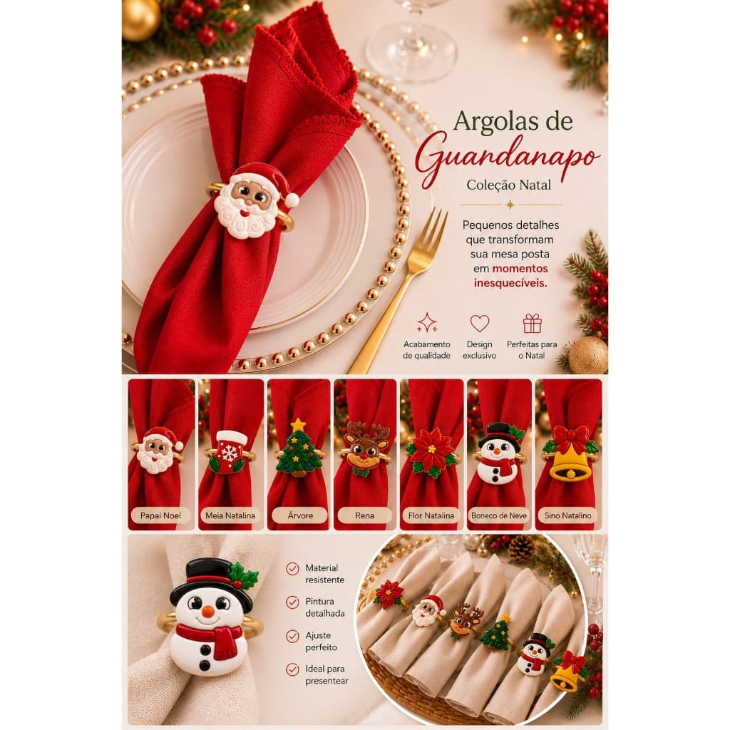 Argola para Guardanapo Natal | Anel Mesa Posta Natalina | Decoração para Mesa Posta de Natal