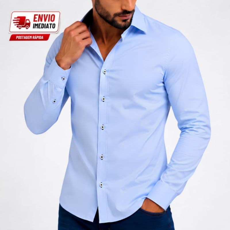 Camisa Social Masculina  Manga Longa Azul Executiva