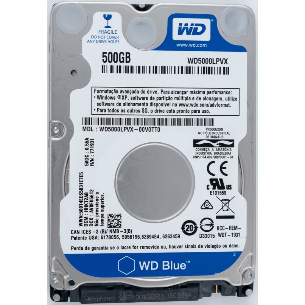 HD Original Western Digital WD Blue Thin Ultrafino 2.5" 500 GB WD5000LPVX para Notebooks, Laptops, PC, All-In-Ones