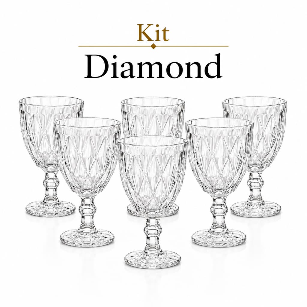 Kit 4 ou 6 Taças Diamond 330ml Vidro Transparente Água Suco Vinho Drinks Mesa Posta