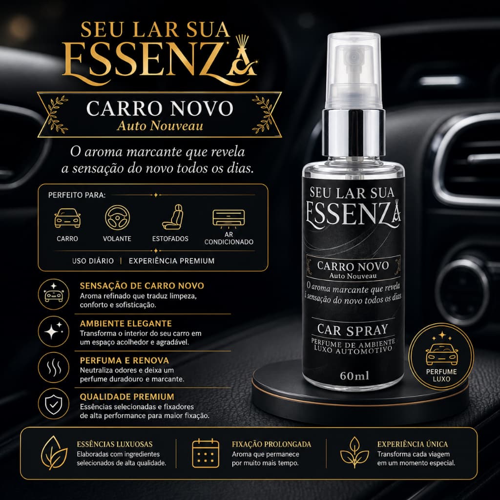 Perfume Ambiente Carro Novo Car Spray 60ml Seu Lar Sua Essenza Aromatizador Luxo Cheiro de Carro Novo