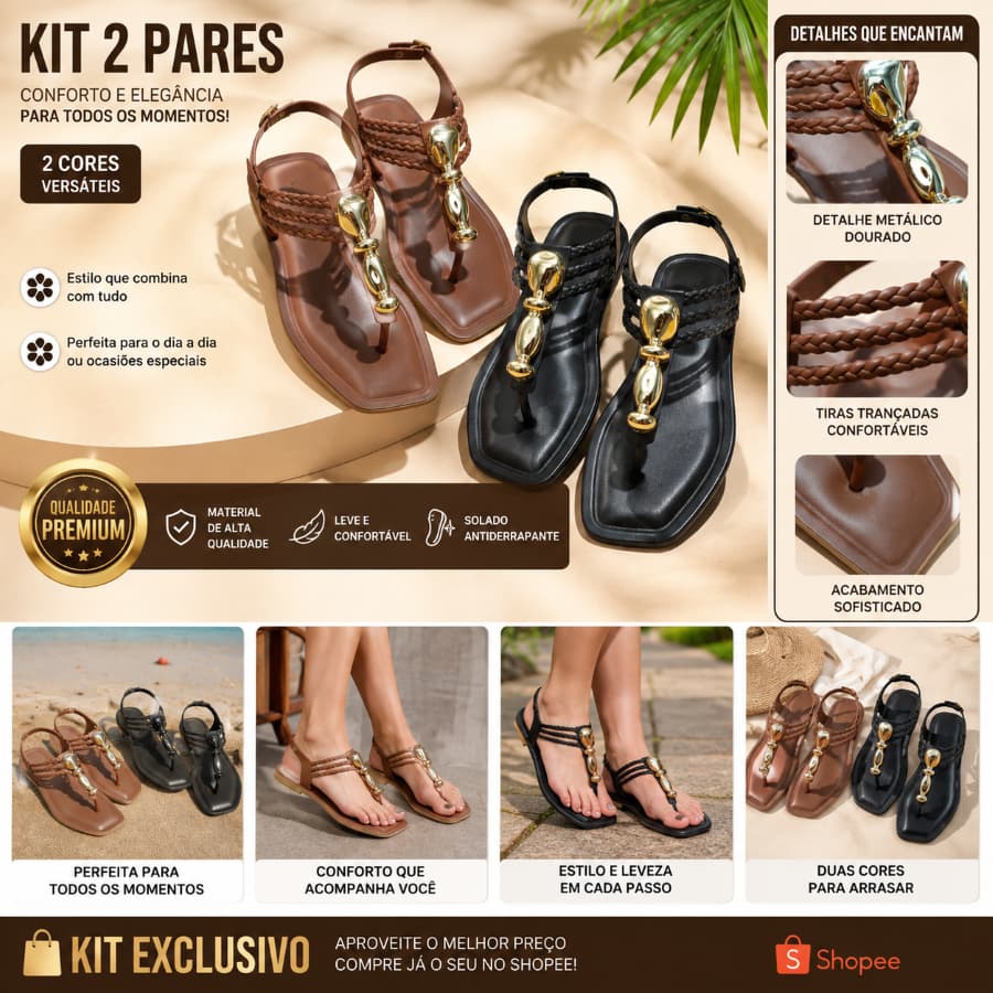 Kit 02 Pares Sandália Rasteirinha Casual Confortável Leve Macia Calce Facil Florentino Shoes