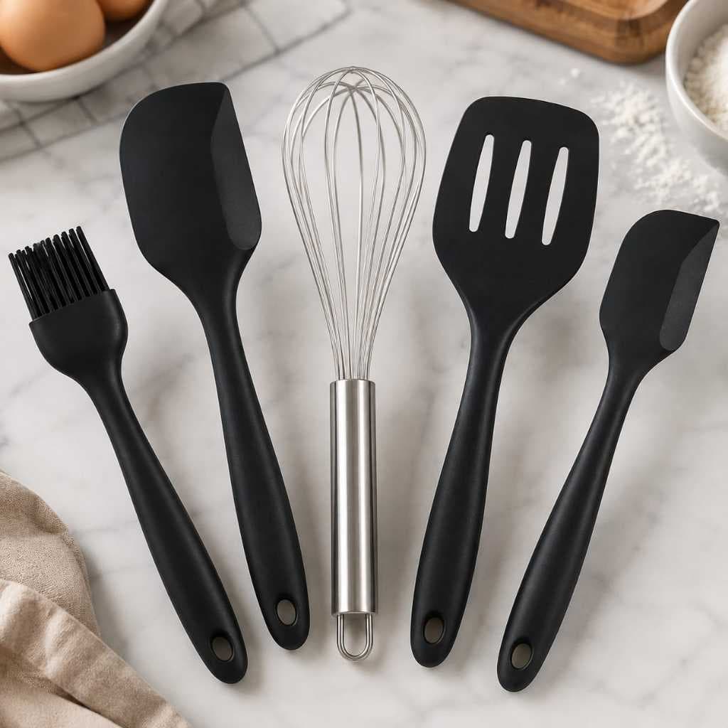 Kit Utensílios Cozinha Silicone 5 Peças Espátula Colher Concha para Panela Antiaderente