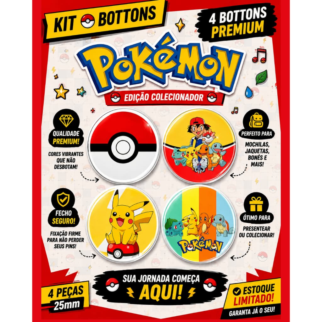 Kit 4 Bottons Pokémon 32mm | Pins Pikachu Pokébola e Personagens | Colecionável para Mochila e Presente