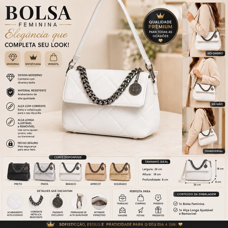 Bolsa Feminina Matelassê com Corrente Metálica Alça Longa Ajustável e Removível Bolsa de Ombro Transversal 06062