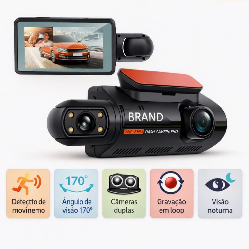 Câmera para Carro Vídeo Automóvel Lente Dupla Interna, Externa Full HD 1080P Gravador 30' Polegadas Ângulo 110° Graus