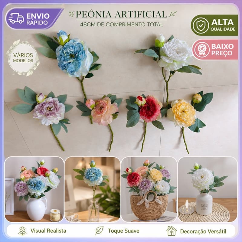 Peônia Artificial Realista 2 Cabeças Buquê de Flores Decorativas Vaso Mesa DIY