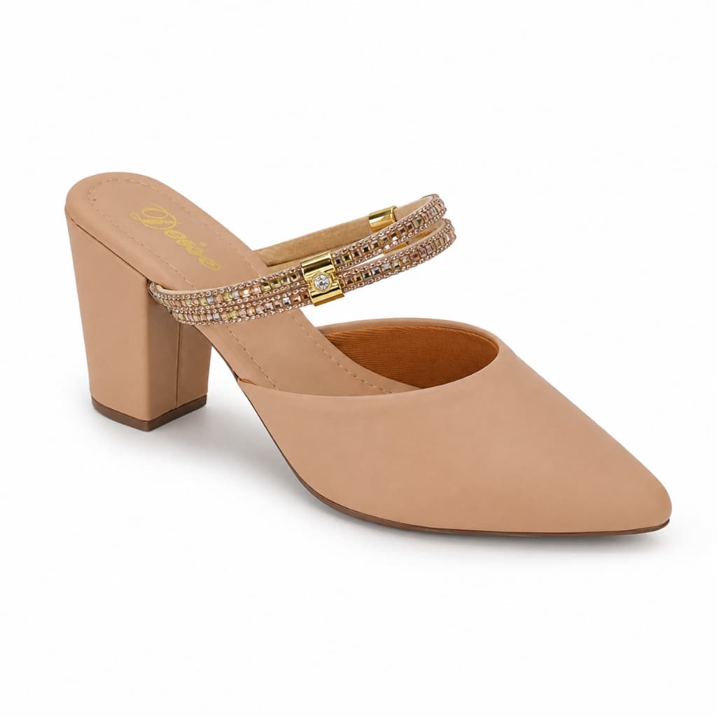 Scarpin Feminino Bico Fino Caramelo 2 em 1 Salto Bloco Grosso Tira Strass Movel Confortável Festa Casamento