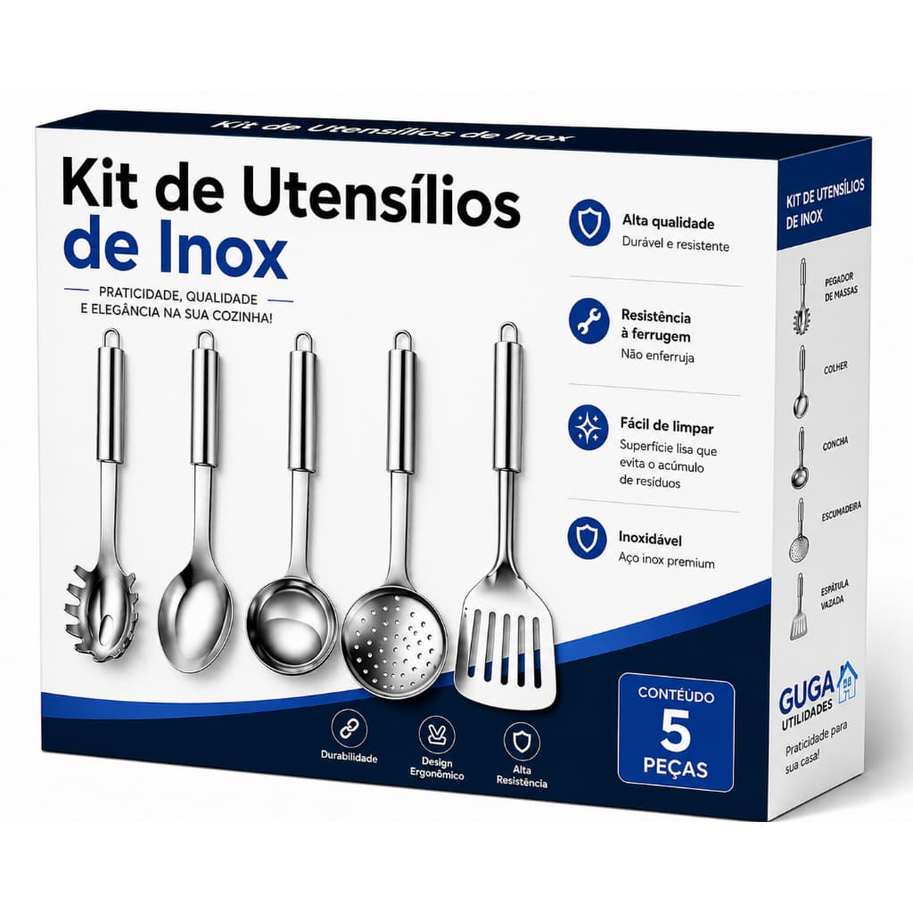 Kit 5 Utensílios de Cozinha Inox Concha Colher Escumadeira Pegador de Massas Espátula Vazada Resistente à Ferrugem
