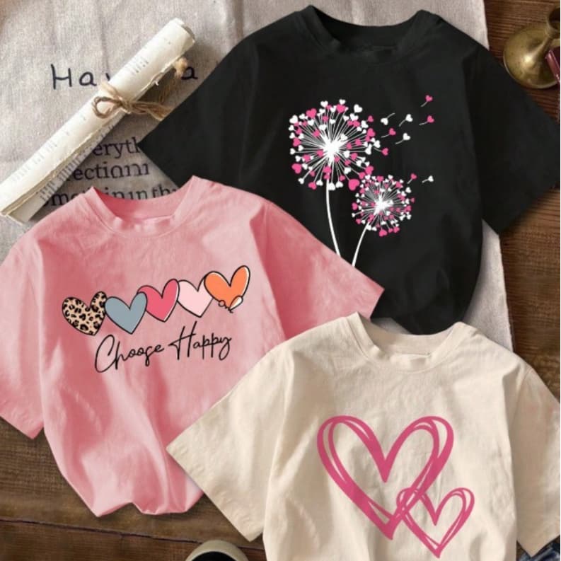 Kit 3 Camisetas Infantil Menina Blusa Algodão Estampa Dente de Leão Coração Blusinha Casual Modinha