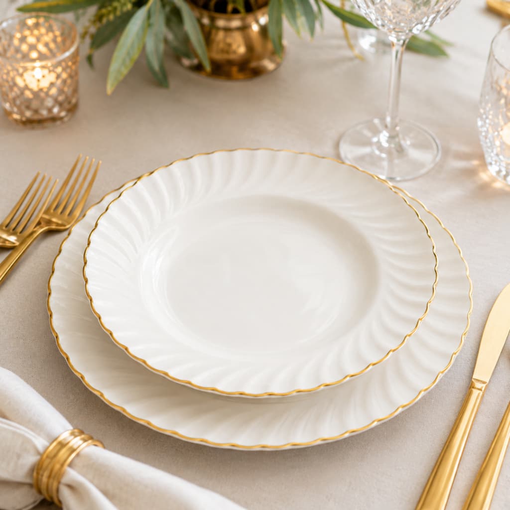 Jogo de Pratos Jantar de vidro branco filet bordas dourado com 8 peças