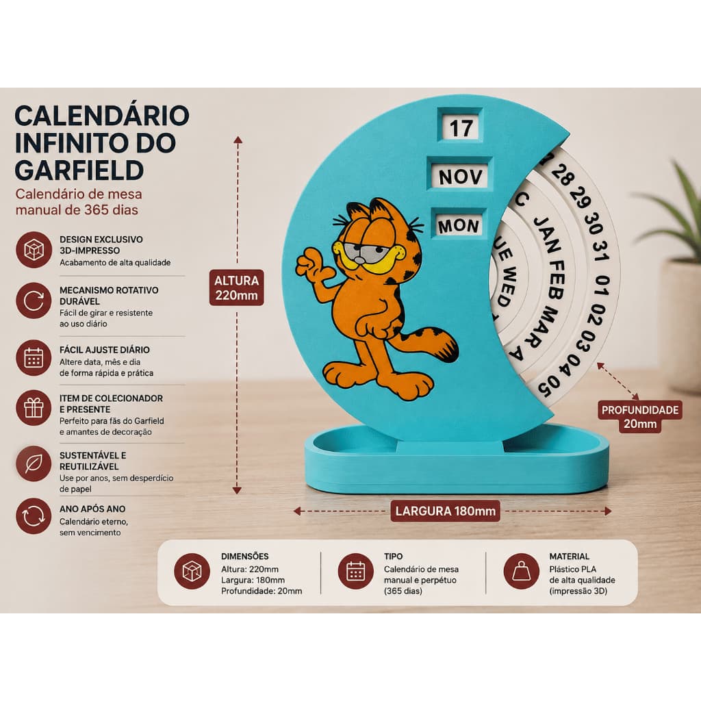 Calendário Infinito do Garfield 365 Dias – Calendário de Mesa Decorativo 3D