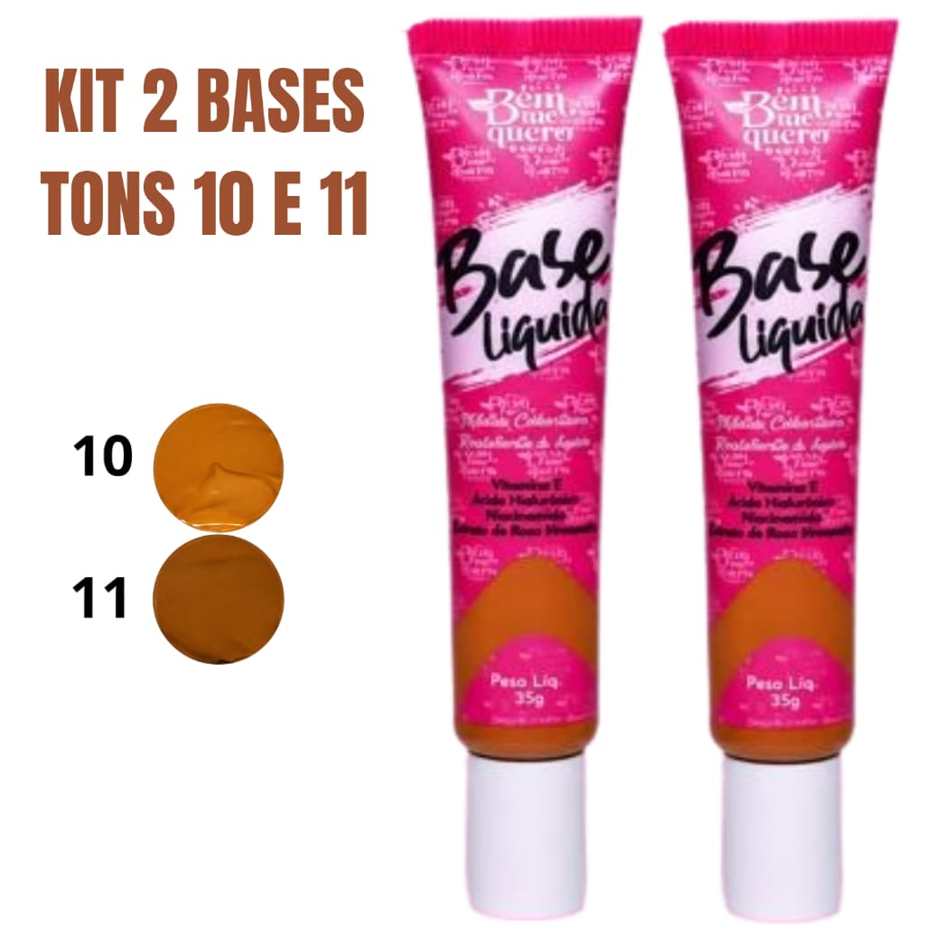 Kit 2 Bases Líquidas Bem Me Quero Tons 10 e 11 Pele Negra Cobertura Média Acabamento Natural