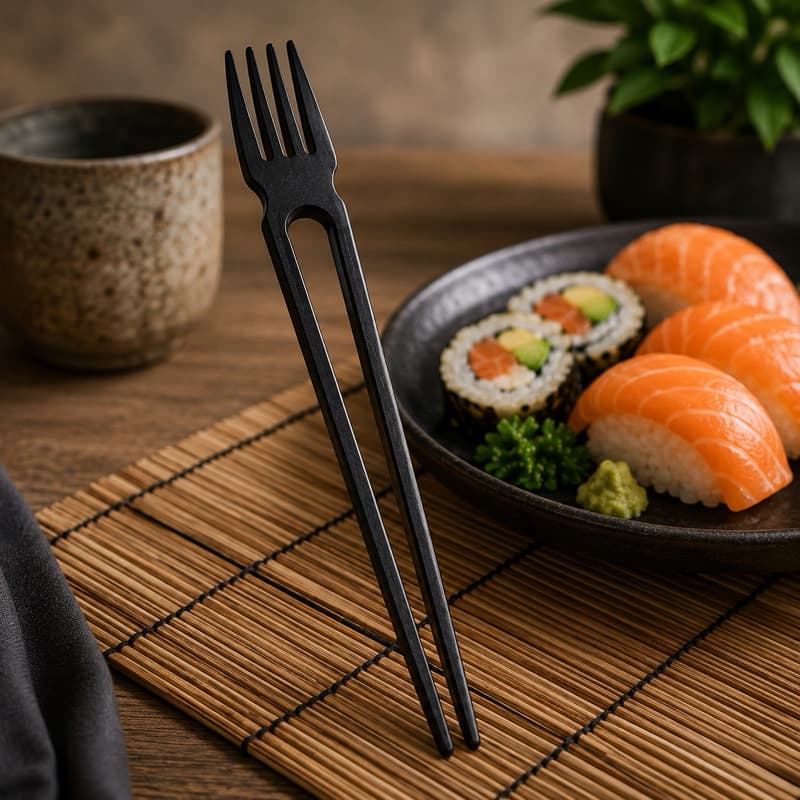 Kit Garfo Hashi  Garfoshi 2 em 1 Talher Para Comida Japonesa Oriental Sushi Temaki Prático Para Casa Restaurante