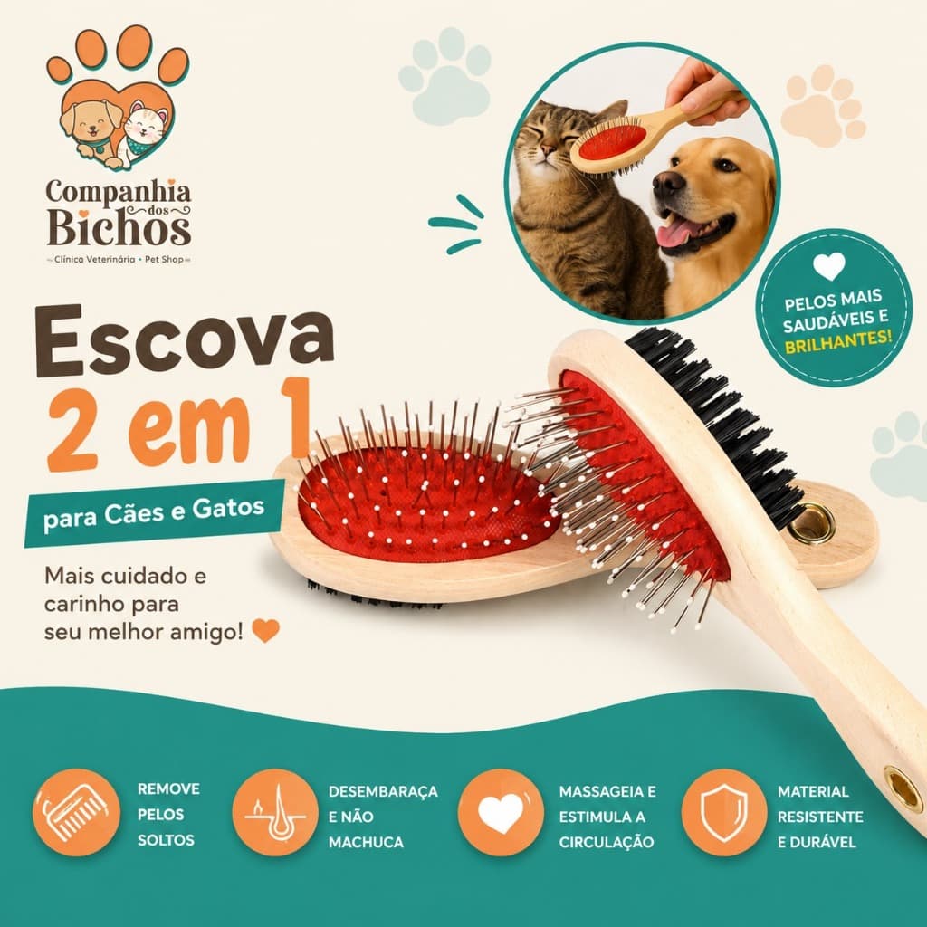 Escova Dupla Cabo de Madeira para Pelos Pet Desembaraça Tira os Nós Cerdas Nylon Cachorro Gato