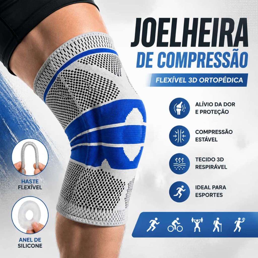 Kit 1/2 Joelheira Compressão Patelar Flexivel 3D Ortopedica Esportiva Anel e Haste Flexivel 3D Treino Alívio Dor Joelho