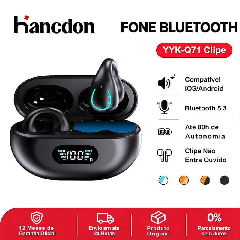 Hancdon Fone Bluetooth Tipo Clipe Orelha Aberta YYK‑Q71 Sem Fio Esporte Bateria Longa Duração