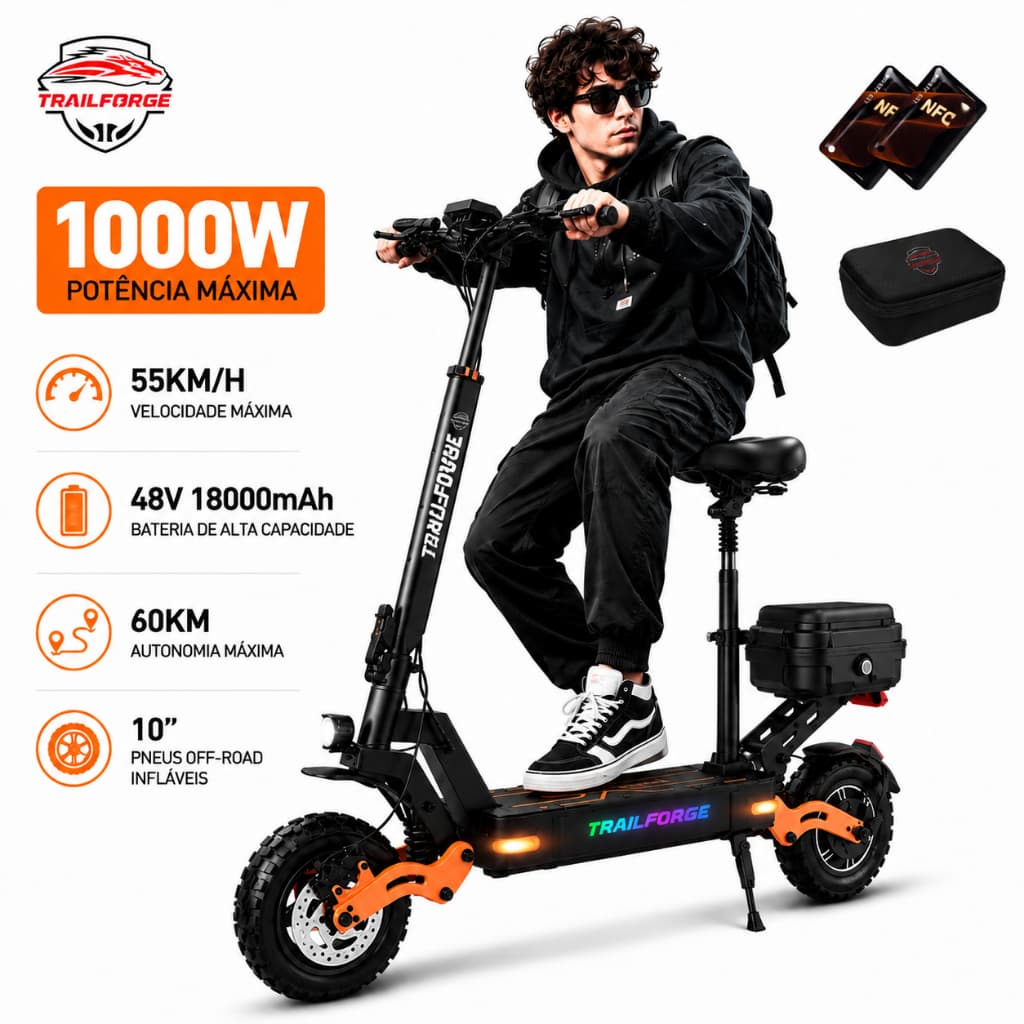 Trailforge-G1 1000W Patinete Elétrico 150kg  55KM/H 10-inch off-road inflatable tire