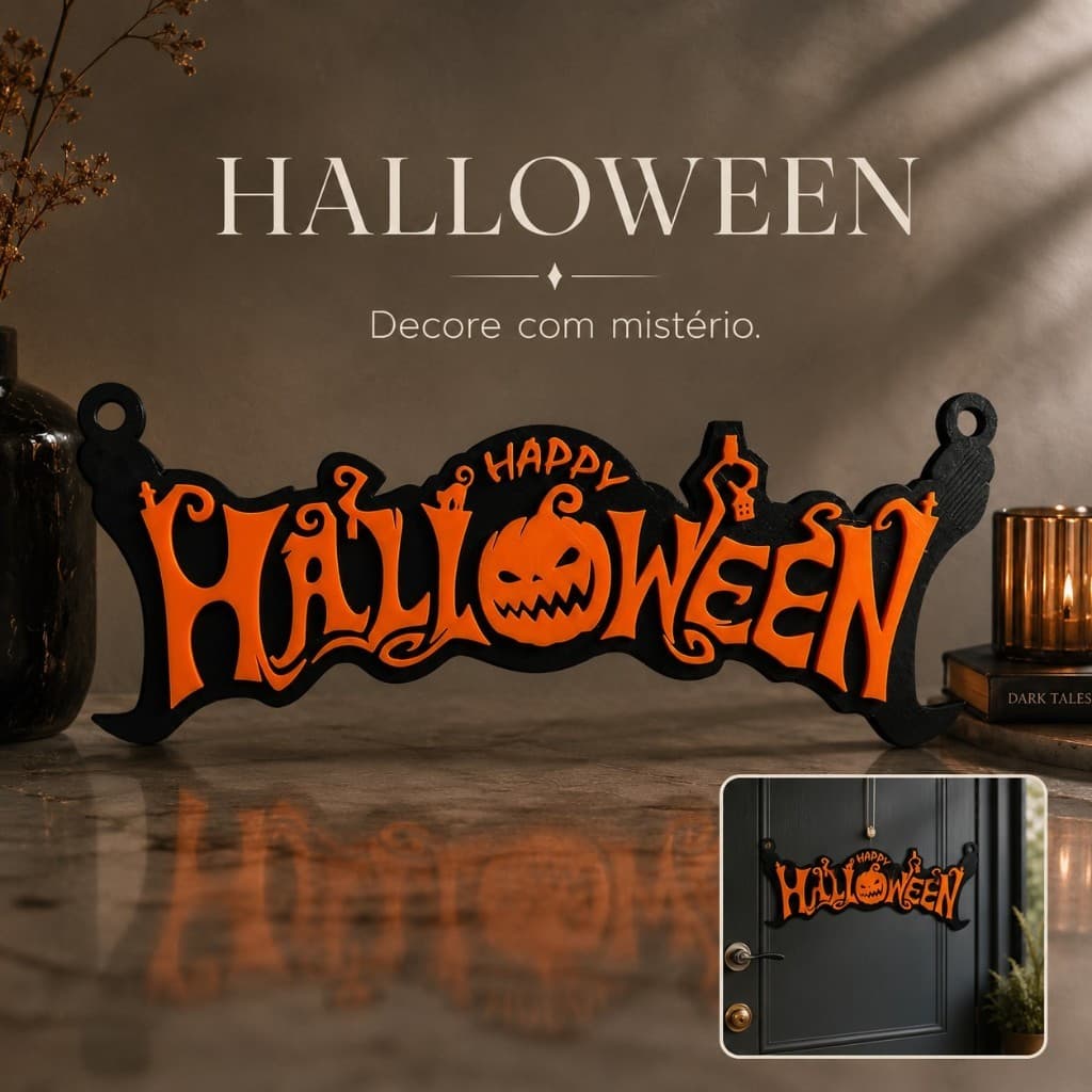 Letreiro Decorativo Happy Halloween Impressão 3D – Placa para Decoração de Festa Temática Fantasia