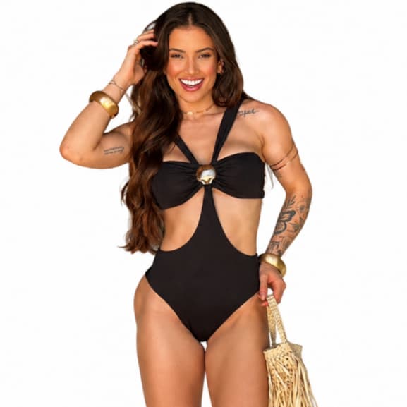 Maio Feminino com recortes Laterais e Detalhe Metalico Maiô Body Feminino Engana Mamãe Afina Cintura Versátil Luxo Moda