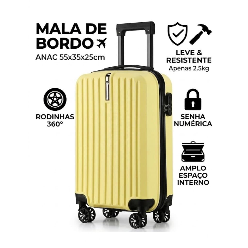 Mala de Bordo com Rodinhas 360°, Roda Dupla e Material ABS Resistente