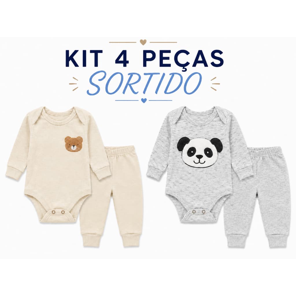 Kit 2 Conjunto body Bebê Menino 4 peças Manga Longa e Calça Roupas de Bebê