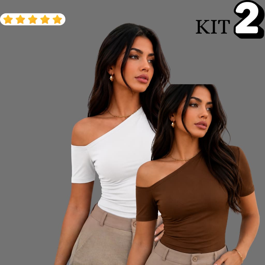 Kit 2 Blusa Feminina com Manga Curta Assimétrica Ombro a Ombro Suplex Drapeada Verão Elegante Casual