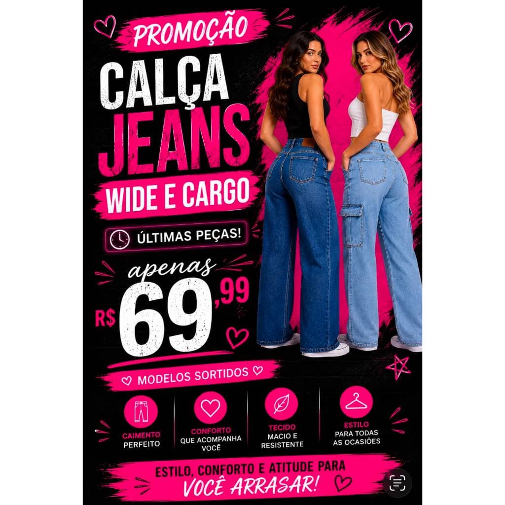 Calça Cargo Jeans  Feminina Cintura Alta