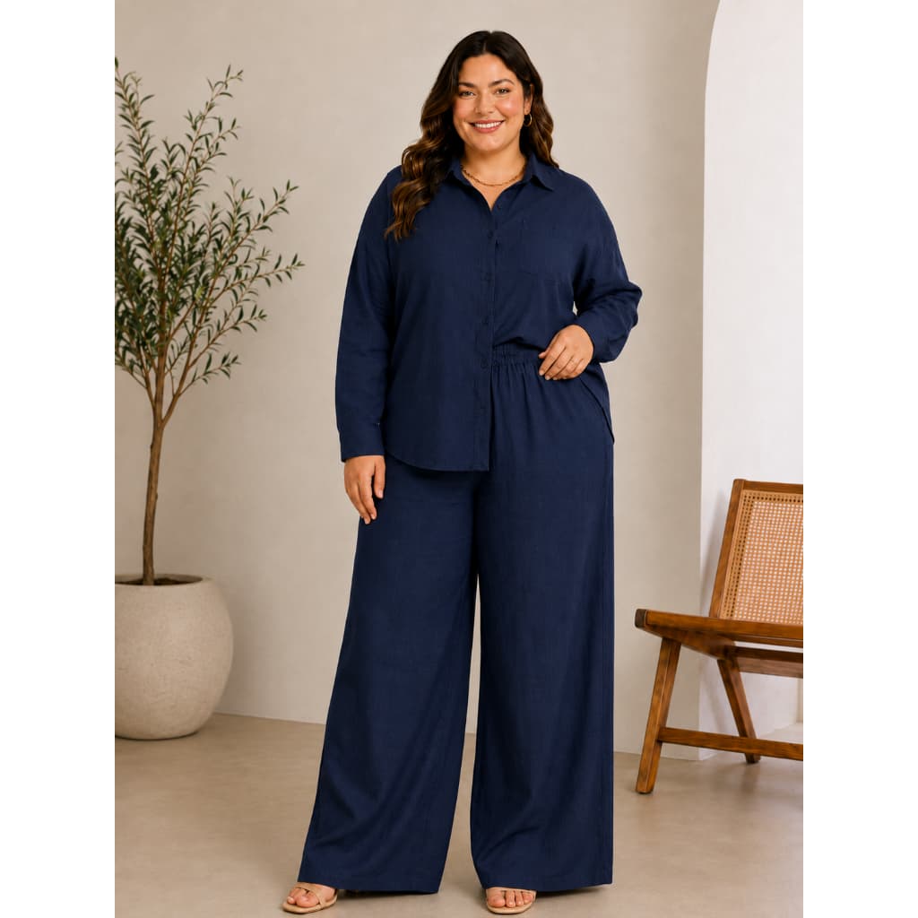 Conjunto Feminino Plus Size Linho Viscolinho Camisa Manga Longa + Calça Pantalona Cintura Elástica Casual Elegante