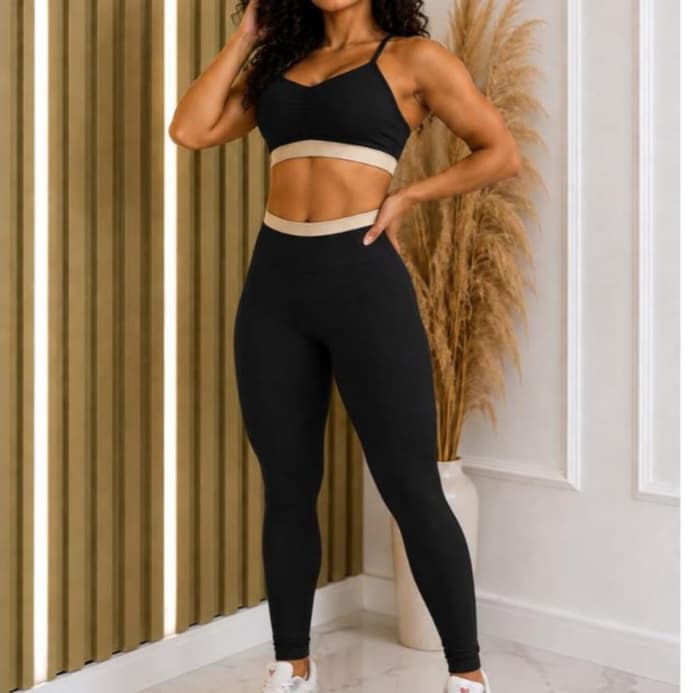 Conjunto Fitness Feminino Top e Legging Zero Transparência Suplex Premium Bojo Removível  Cós Alto