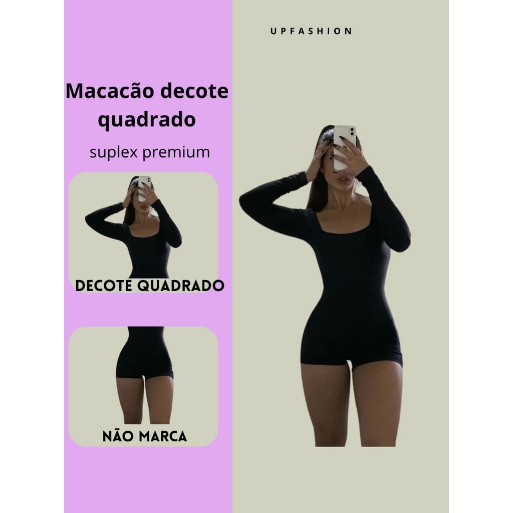 Macacão gringo Vick decote quadrado mangas longas com short costas fechadas moda gringa blogueira fitness casual festas