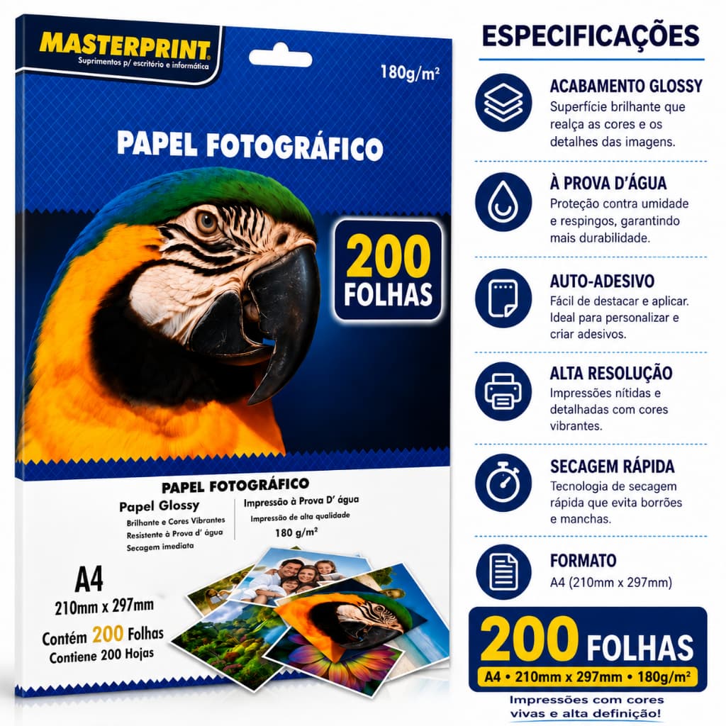 Papel Fotográfico A4 Glossy 180g 210x297mm 200 Folhas Masterprint Brilhante Alta Resolução