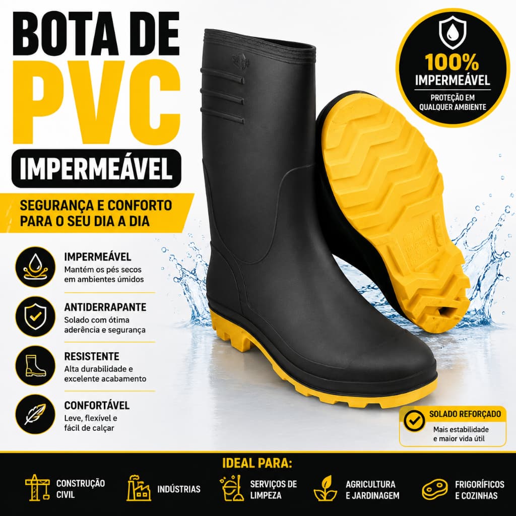 Bota de PVC Cano Médio Vonder Impermeável Preta e Amarela Proteção Indústria Obra